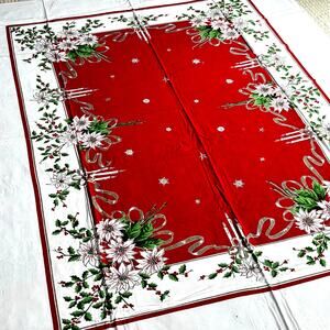 Vintage 50's Christmas tablecloth flaws stains holes cutter cloth for crafts?